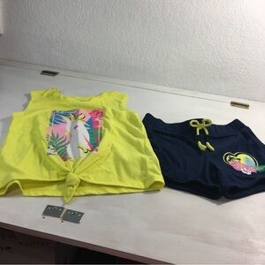 Wonder Nation Girls Short Set Blue/Yellow Graphic Parrot Tropical TM BS